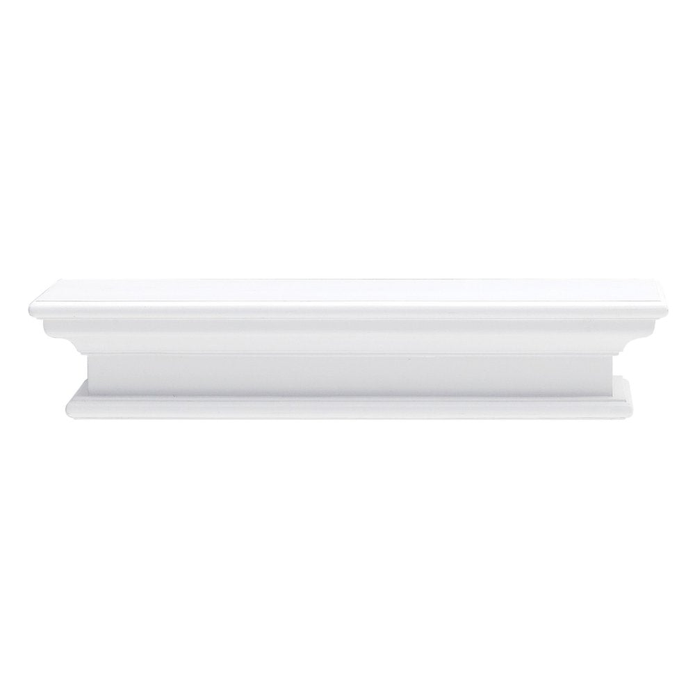 23" Classic White Floating Wall Shelf. Wall mounted shelve isolated on a plain white background, showing a white wood surface.