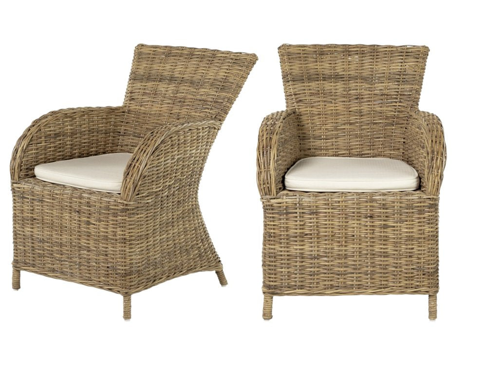 Set of Two Tan Textured Outdoor Dining Chairs with Beige Cushions on a white background