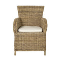 Set of Two Tan Textured Outdoor Dining Chairs with Beige Cushions on a white background