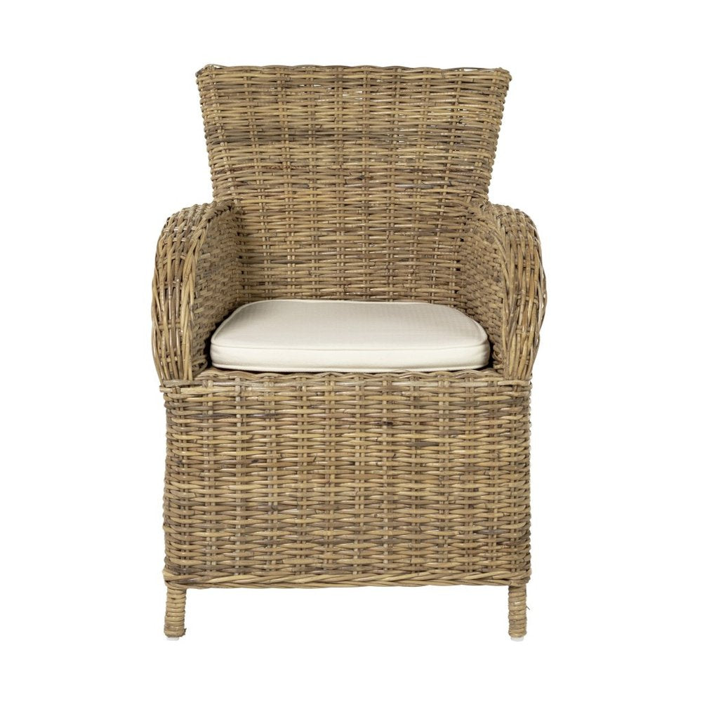 Tan wicker outdoor dining chair with a beige cushion on a white background.