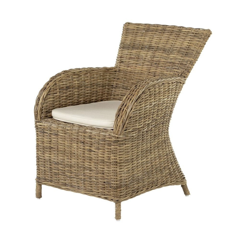 Set of Two Tan Textured Outdoor Dining Chairs with Beige Cushions on a white background