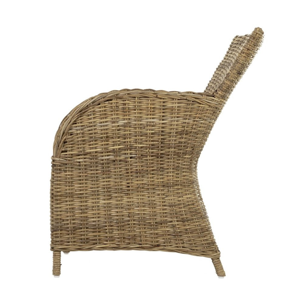 Set of Two Tan Textured Outdoor Dining Chairs with Beige Cushions on a white background