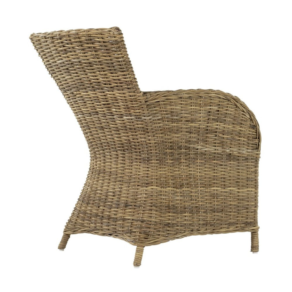 Set of Two Tan Textured Outdoor Dining Chairs with Beige Cushions on a white background