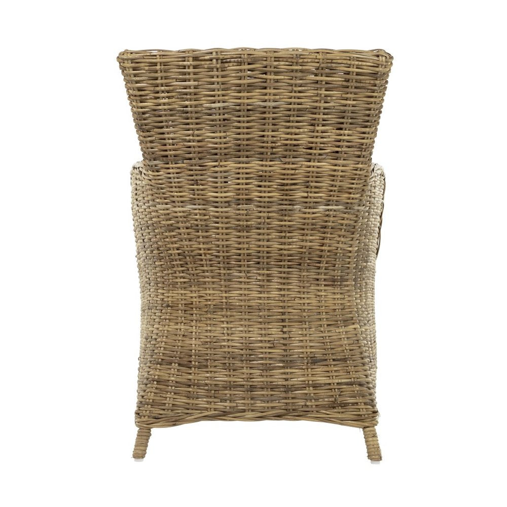 Set of Two Tan Textured Outdoor Dining Chairs with Beige Cushions on a white background