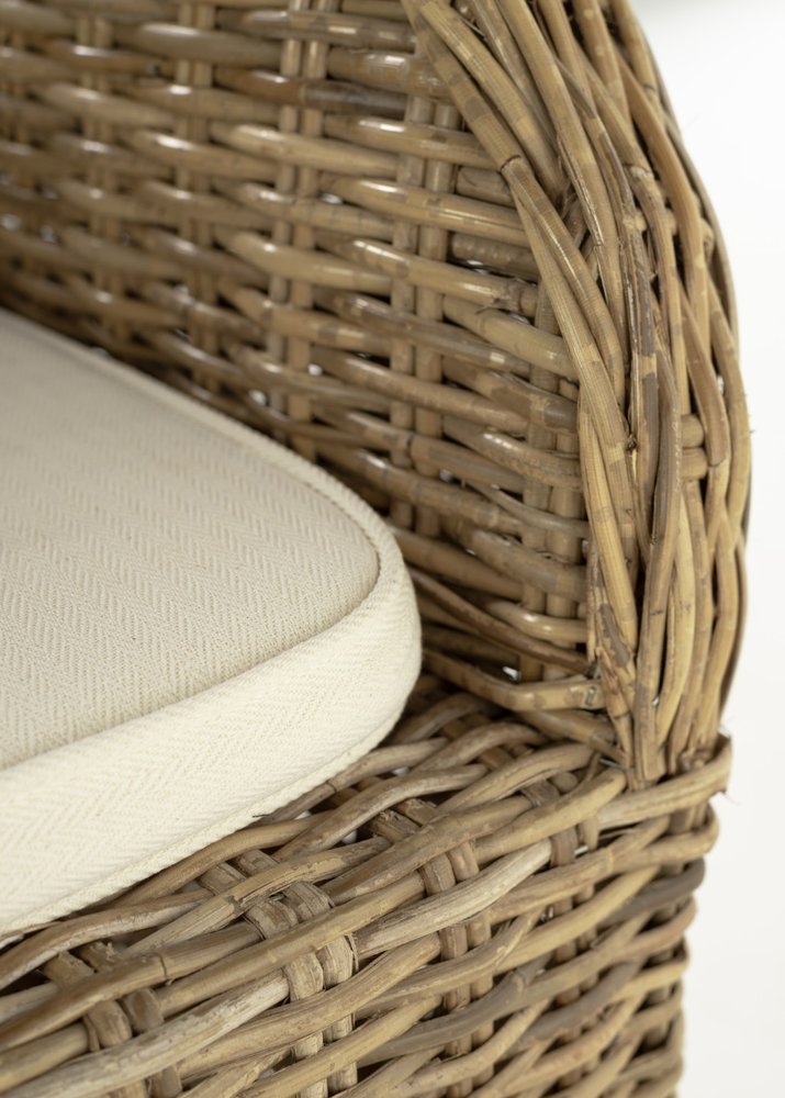 Set of Two Tan Textured Outdoor Dining Chairs with Beige Cushions close-up detail