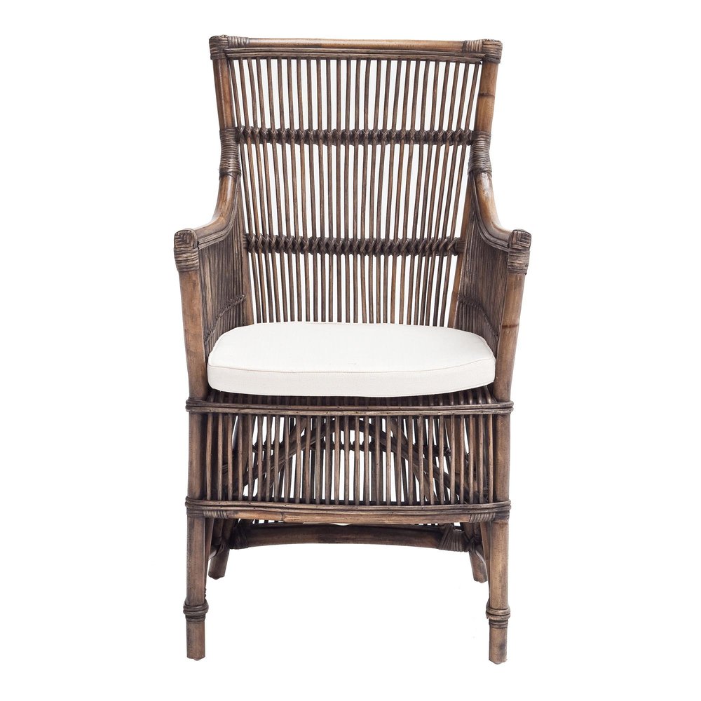 Set of Two Cream Rattan Outdoor Arm Chairs on a white background