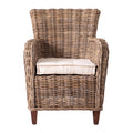 Set of Two Cream And Natural Woven Rattan Outdoor Dining Chairs with Cream Cushion on a white background