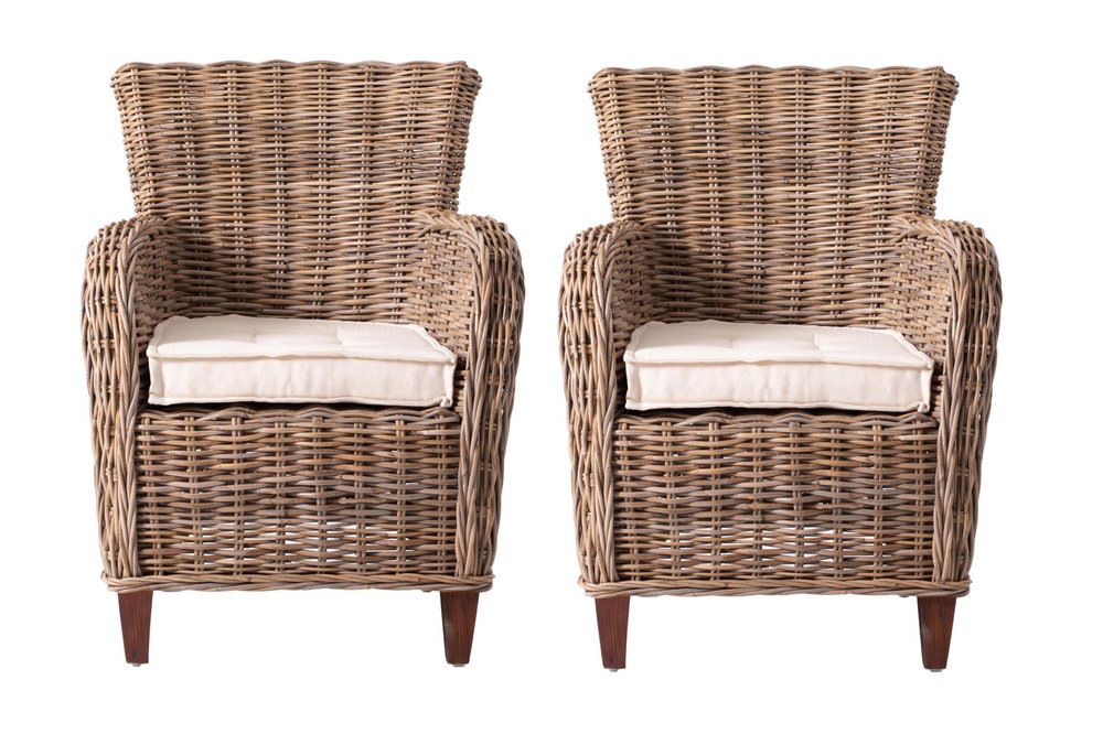 Set of Two Cream And Natural Woven Rattan Outdoor Dining Chairs with Cream Cushion on a white background