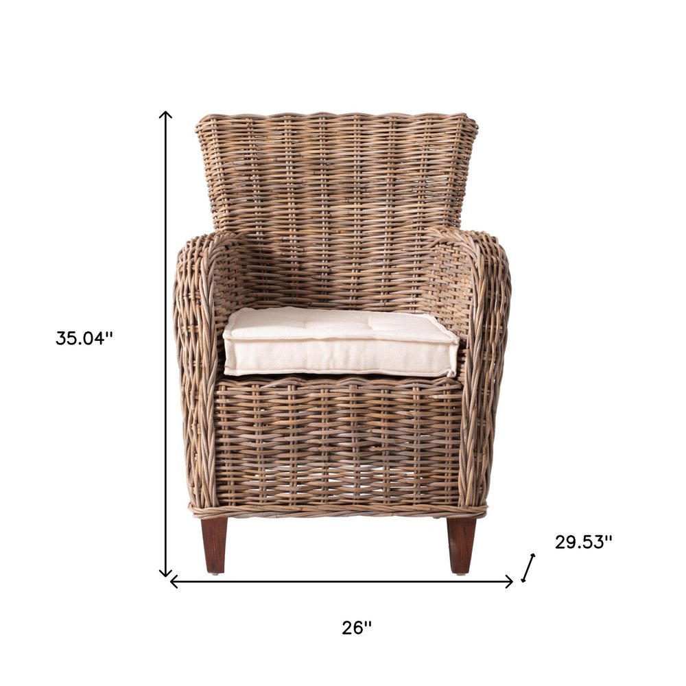Set of Two Cream And Natural Woven Rattan Outdoor Dining Chairs with Cream Cushion on a white background