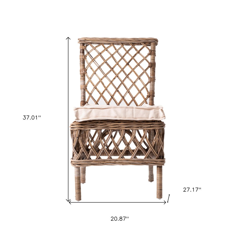 Set of Two Cream Woven Rattan Outdoor Accent Chairs on a white background