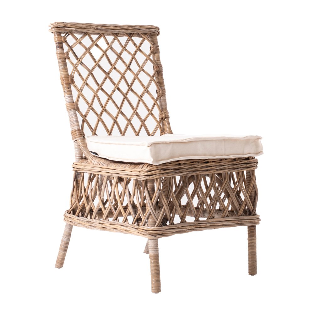 Set of Two Cream Woven Rattan Outdoor Accent Chairs on a white background