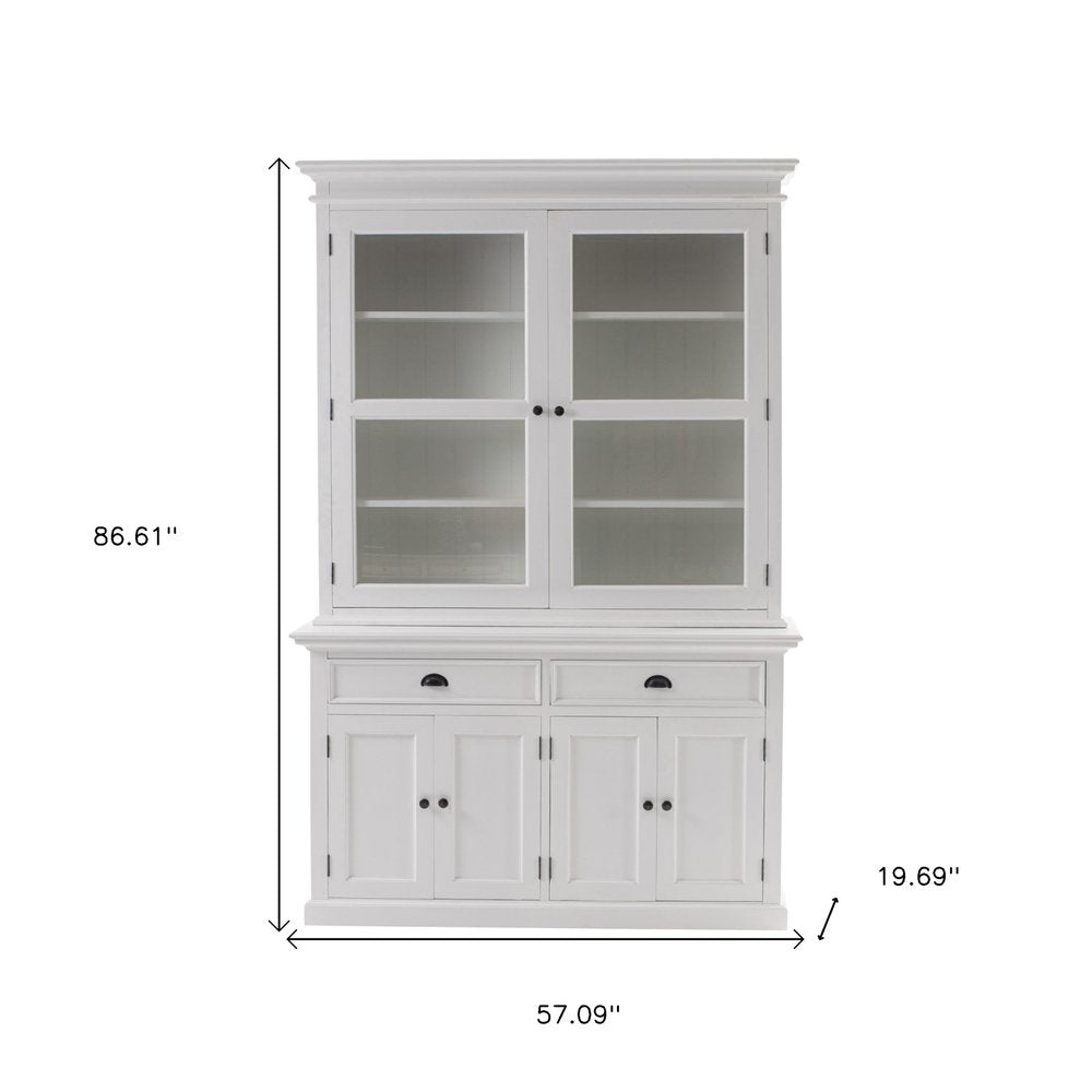 57" White Solid Wood Frame Dining Hutch With Twelve Shelves And Two Drawers. Cabinet isolated on a plain white background, showing a white wood surface.