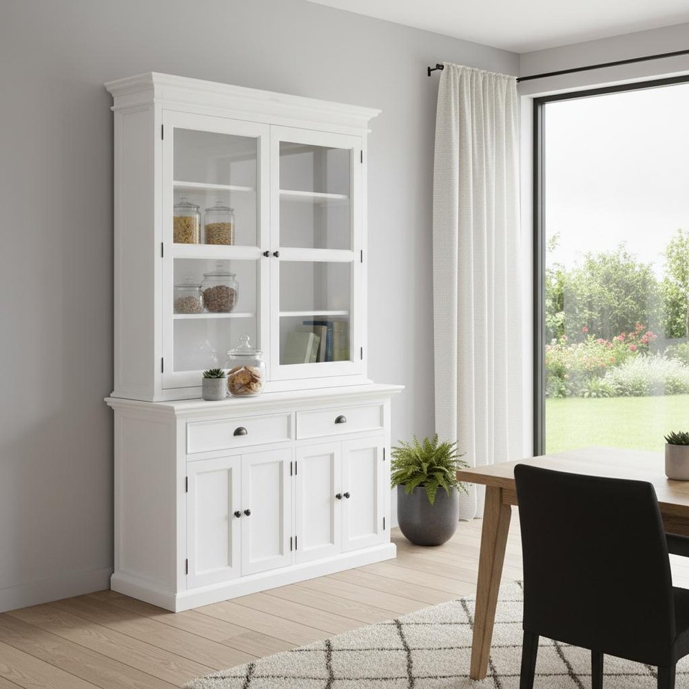 57" White Solid Wood Frame Dining Hutch With Twelve Shelves And Two Drawers