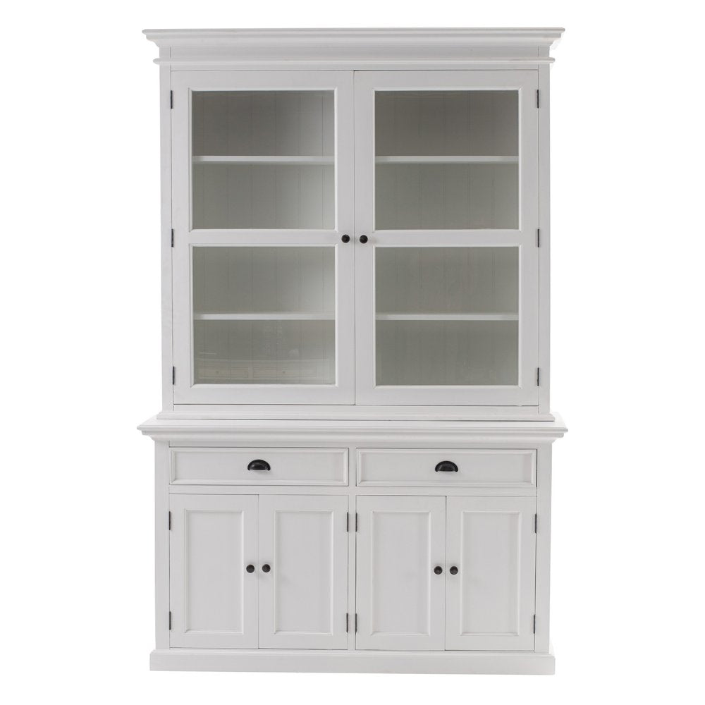 57" White Solid Wood Frame Dining Hutch With Twelve Shelves And Two Drawers. Cabinet isolated on a plain white background, in a white wood finish.