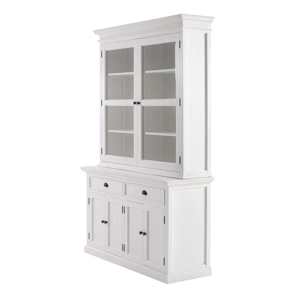 57" White Solid Wood Frame Dining Hutch With Twelve Shelves And Two Drawers. Cabinet isolated on a plain white background, finished in white wood.