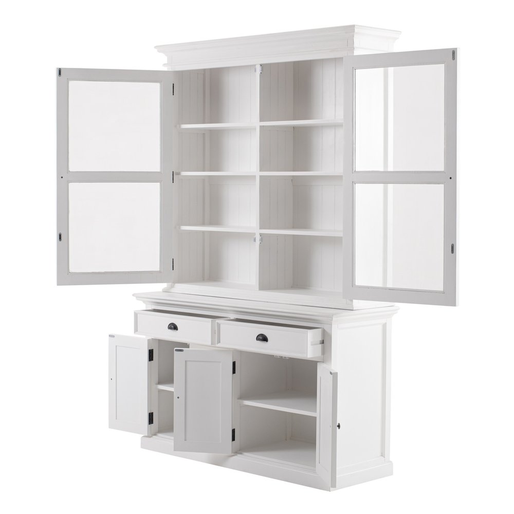 57" White Solid Wood Frame Dining Hutch With Twelve Shelves And Two Drawers. Cabinet isolated on a plain white background, showing a white wood surface.