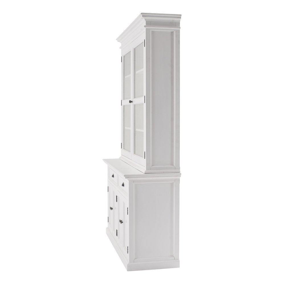 57" White Solid Wood Frame Dining Hutch With Twelve Shelves And Two Drawers. Cabinet isolated on a plain white background, in a white wood finish.