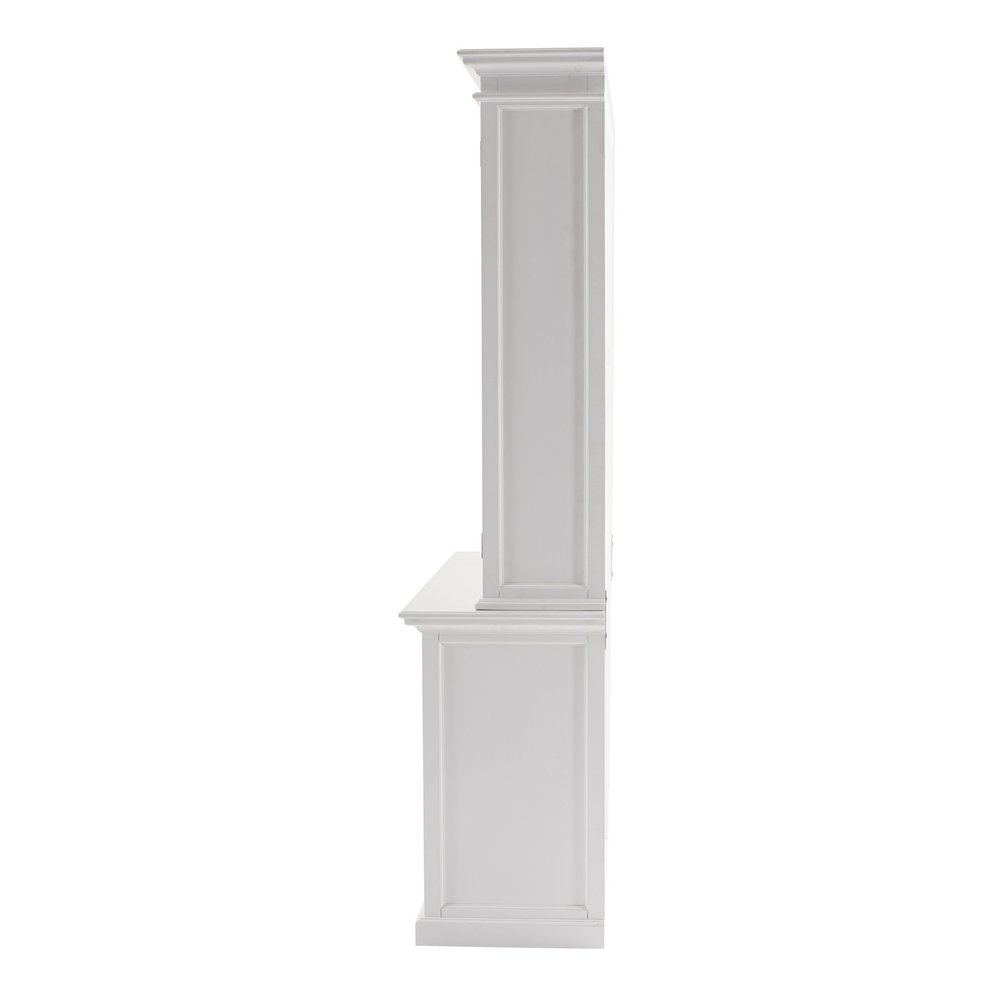 57" White Solid Wood Frame Dining Hutch With Twelve Shelves And Two Drawers. Cabinet isolated on a plain white background, showing a white wood surface.