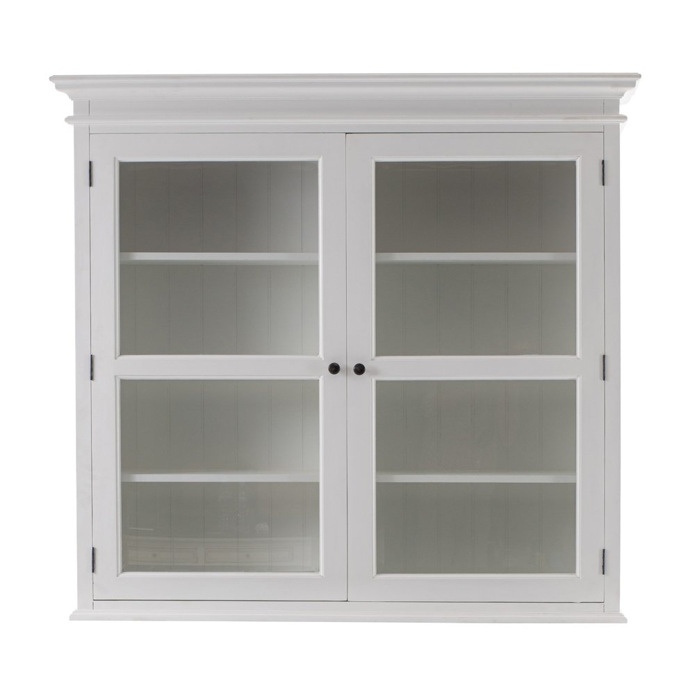 57" White Solid Wood Frame Dining Hutch With Twelve Shelves And Two Drawers. Cabinet isolated on a plain white background, finished in white wood.