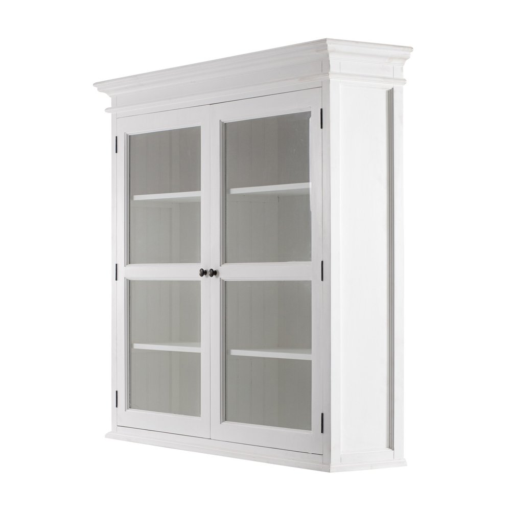 57" White Solid Wood Frame Dining Hutch With Twelve Shelves And Two Drawers. Cabinet isolated on a plain white background, showing a white wood surface.