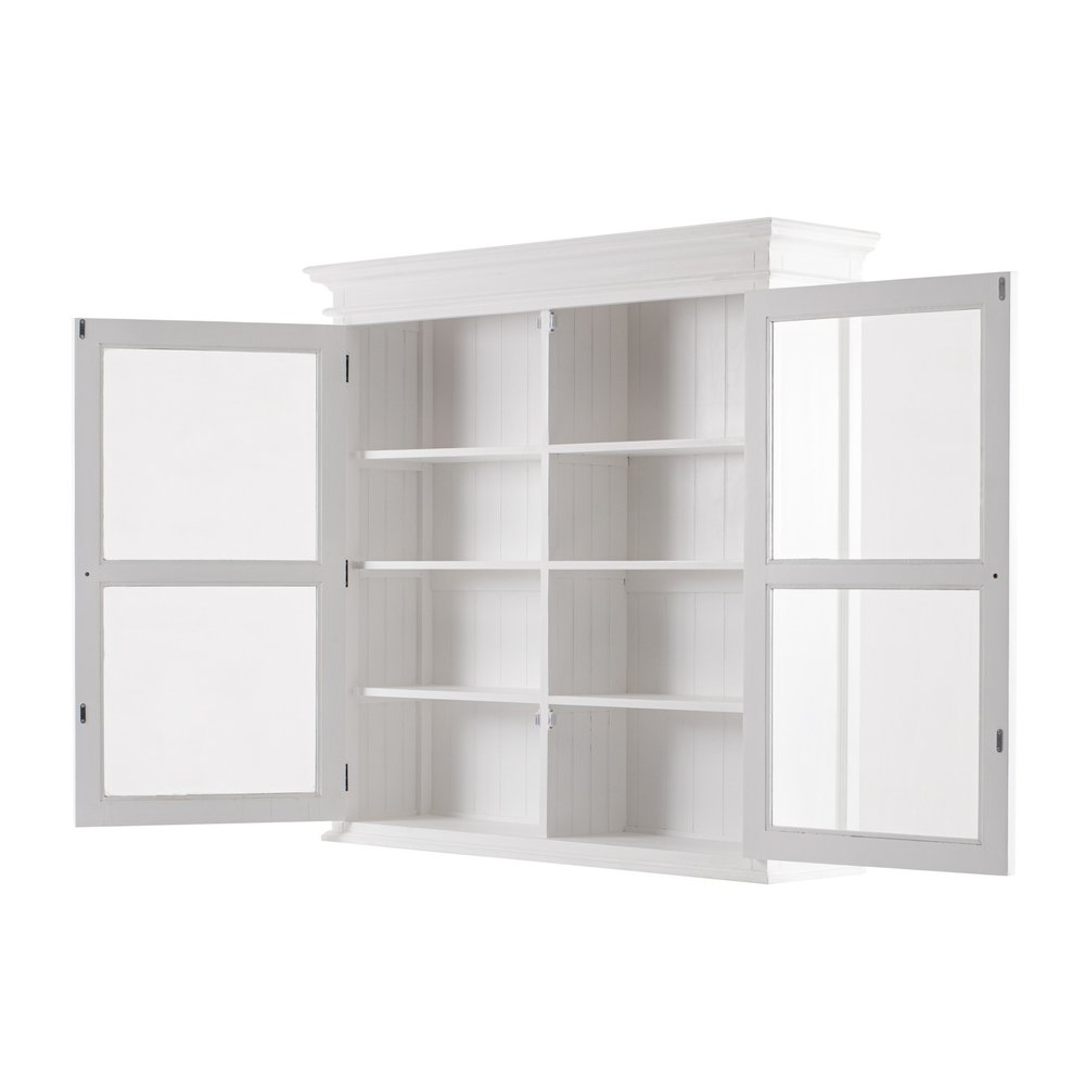57" White Solid Wood Frame Dining Hutch With Twelve Shelves And Two Drawers. Cabinet isolated on a plain white background, finished in white wood.
