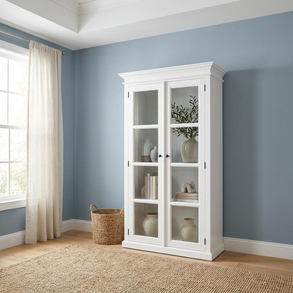 39" White Solid Wood Accent Cabinet With Two Doors. Cabinet in white wood.