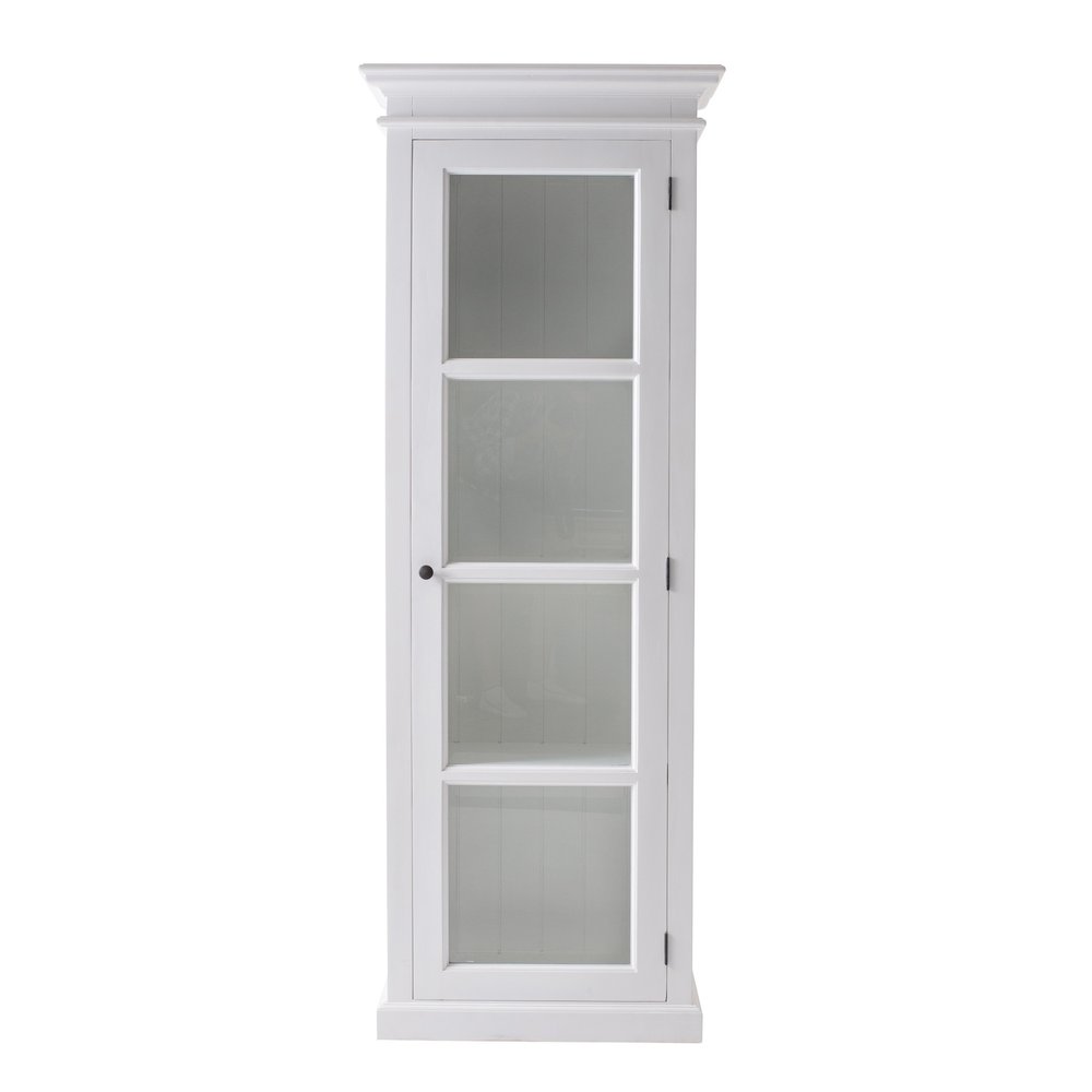 White solid wood single door storage closet with glass panes and three shelves, on a white background.