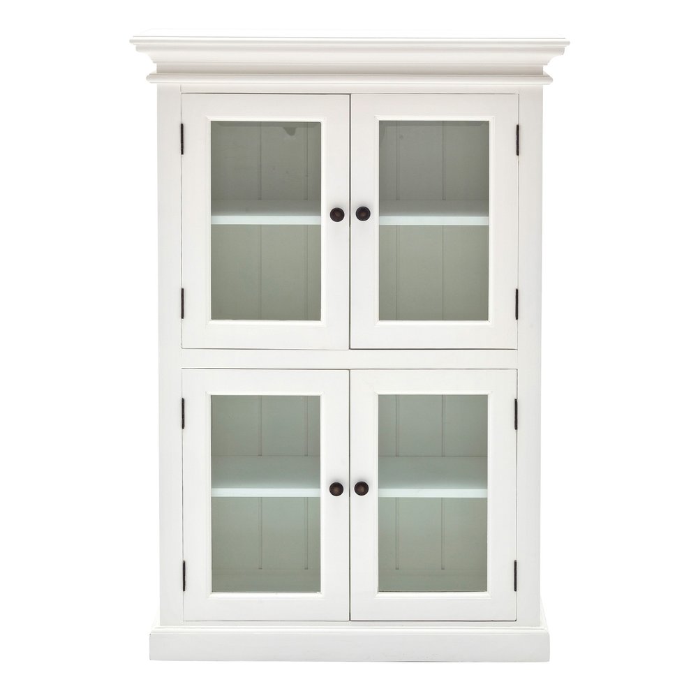 White two-level storage cabinet with glass doors and dark knobs on a white background.