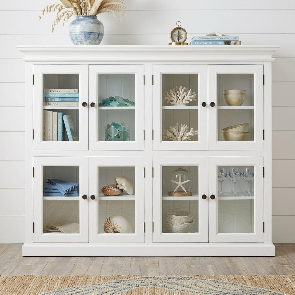 52" White Wood and Glass Two Level Storage Cabinet