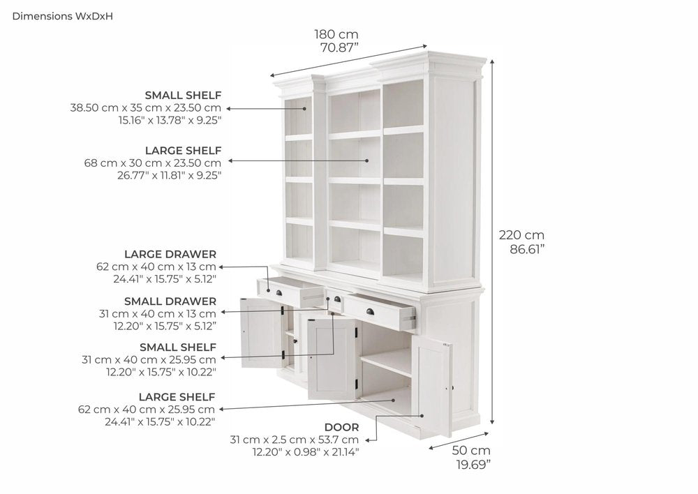 71" White Dining Hutch With Twelve Shelves And Three Drawers on a white background