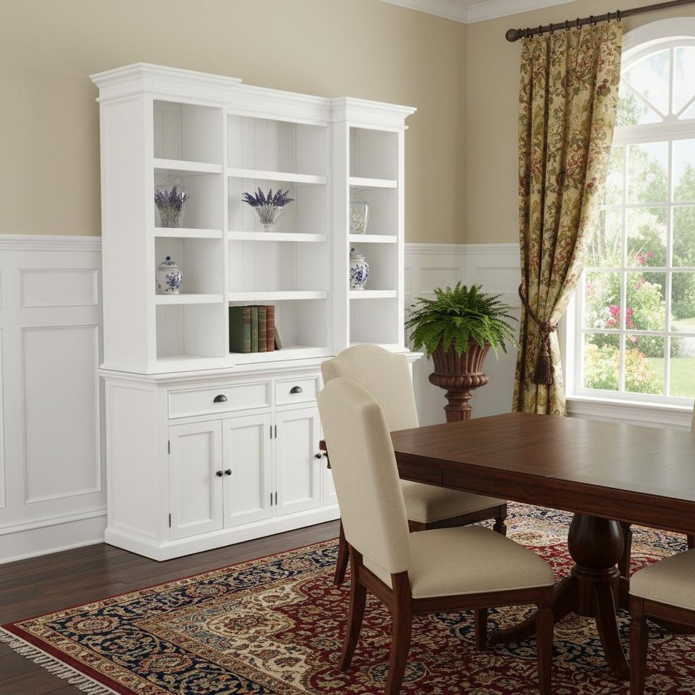71" White Dining Hutch With Twelve Shelves And Three Drawers