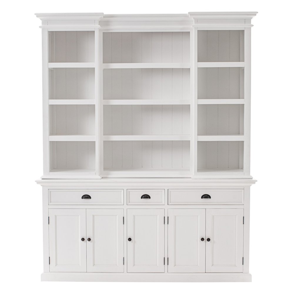 White dining hutch with twelve shelves and three drawers against a white background.