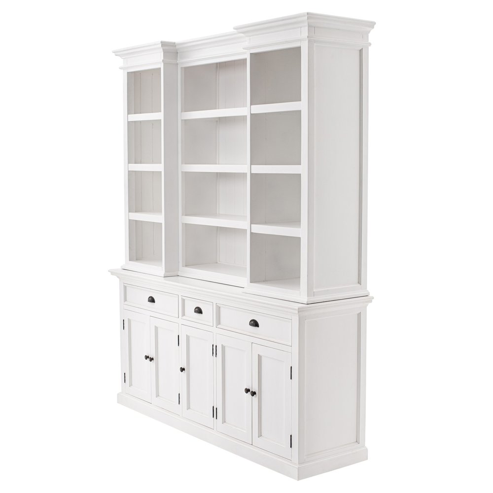 71" White Dining Hutch With Twelve Shelves And Three Drawers on a white background