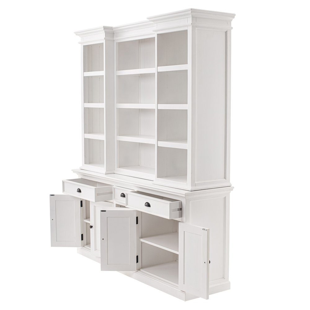 71" White Dining Hutch With Twelve Shelves And Three Drawers on a white background