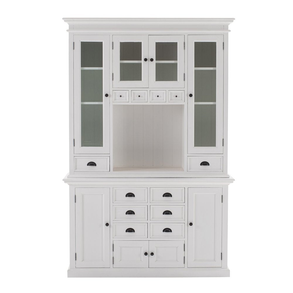 White kitchen hutch with glass-front cabinets and drawers against a white background.