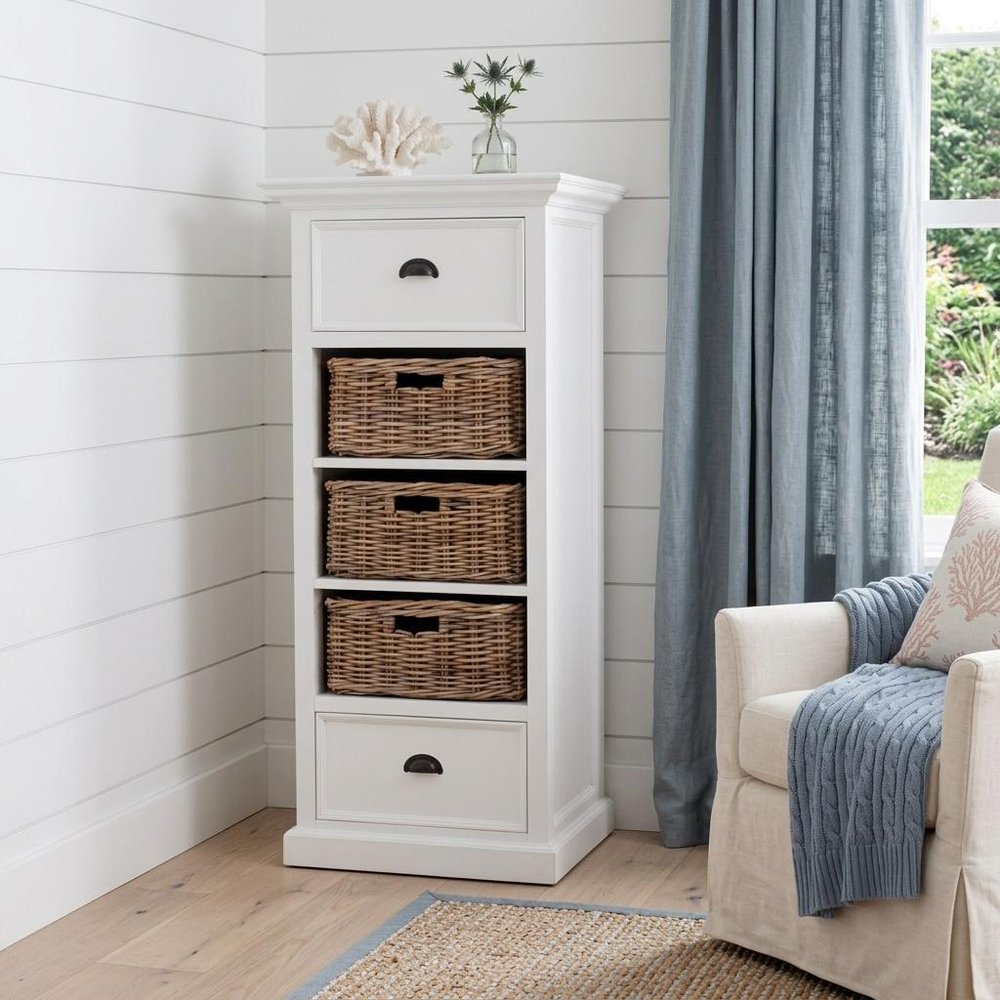 52" White Two Drawer Storage Cabinet With Baskets