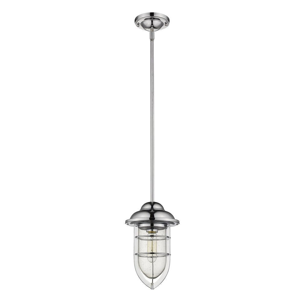 Chrome pendant light with a teardrop-shaped glass shade and metal cage, hanging from a silver rod against a white background.