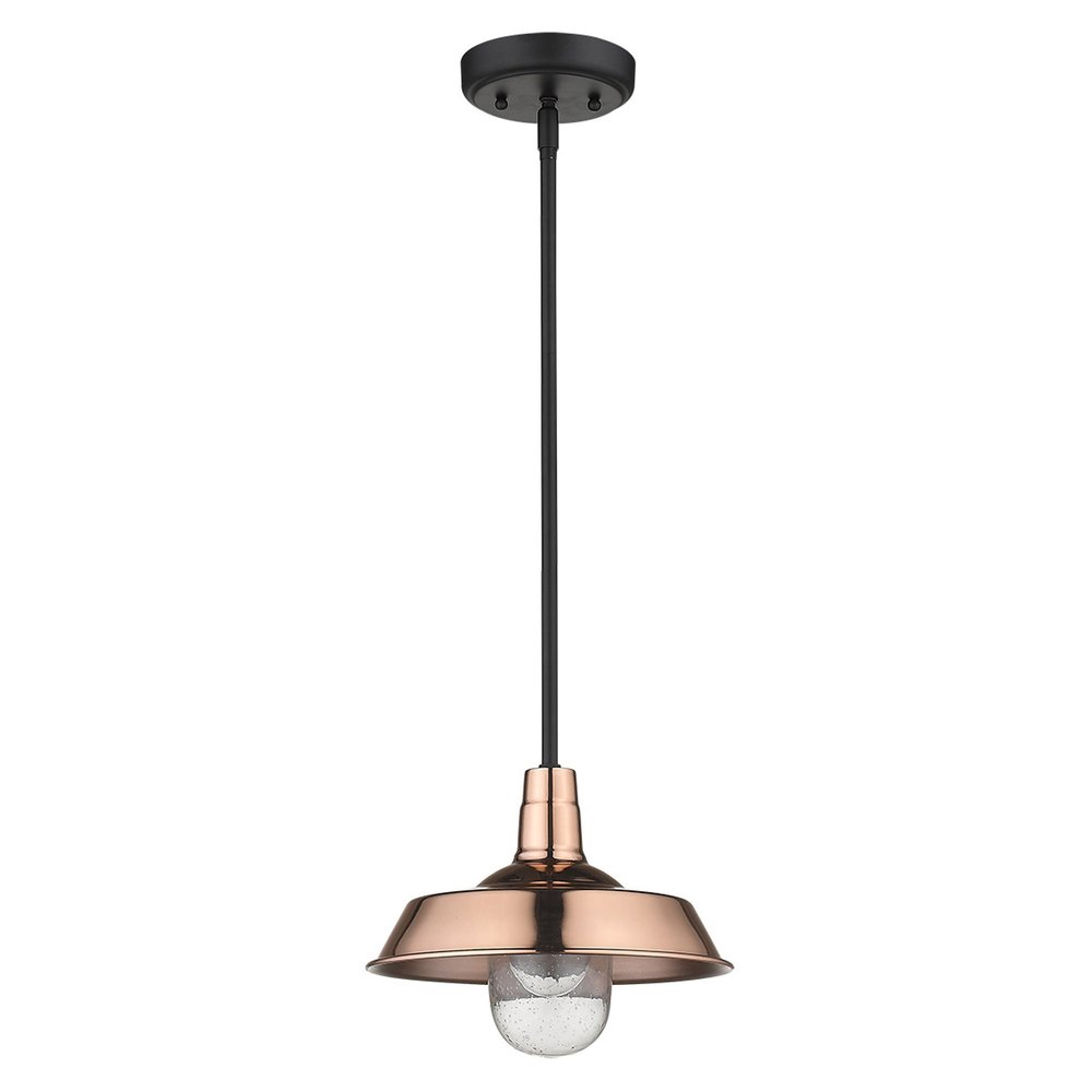 Shiny copper shallow plate adjustable pendant light with a clear seeded glass shade and black stem and canopy on a white background.