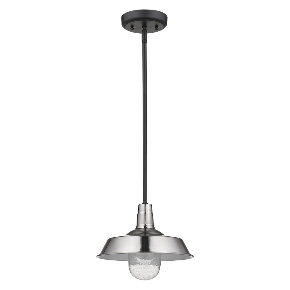 A silver shallow plate adjustable pendant light with a black rod and canopy against a white background.
