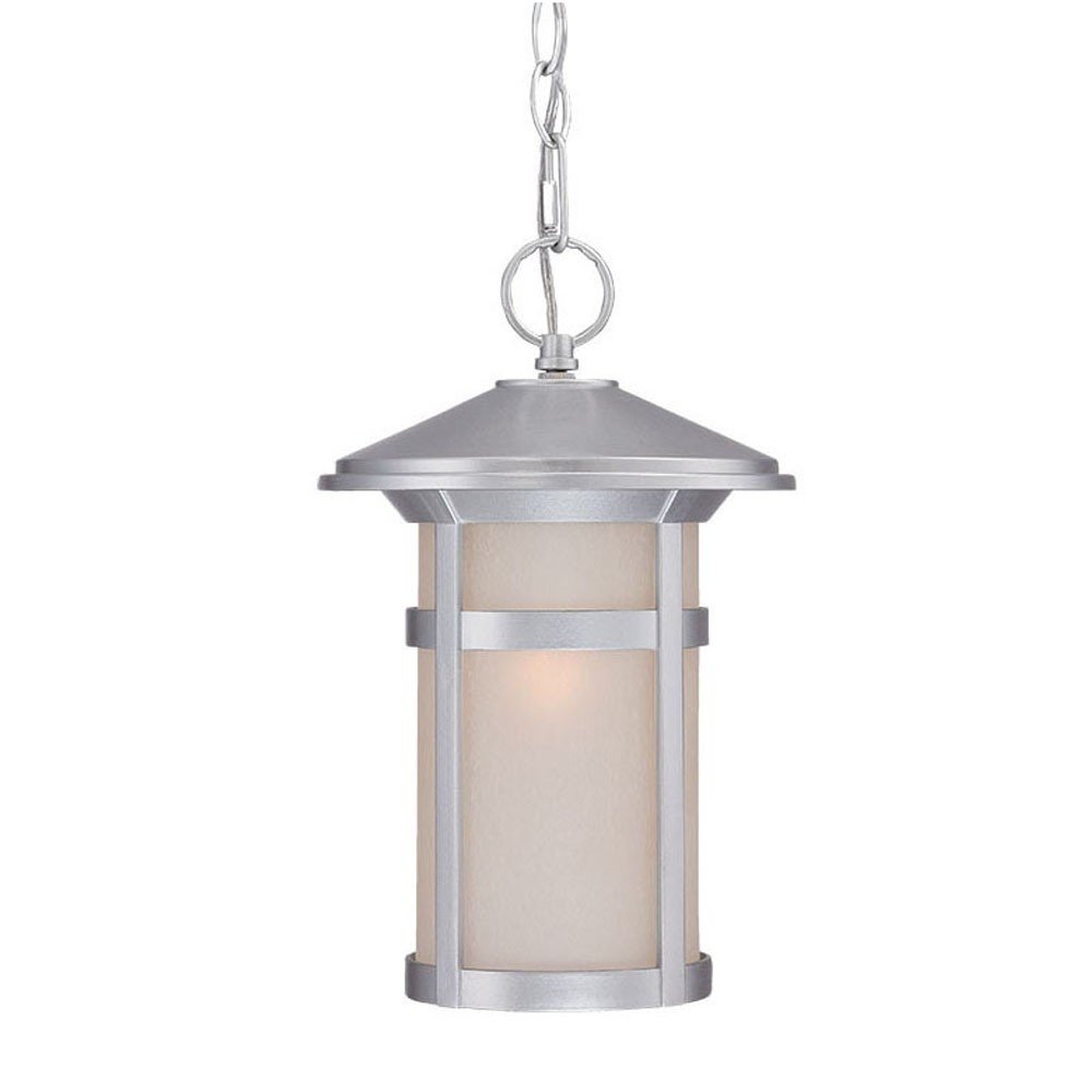 Silver metal outdoor hanging lantern with frosted glass shade and chain on white background