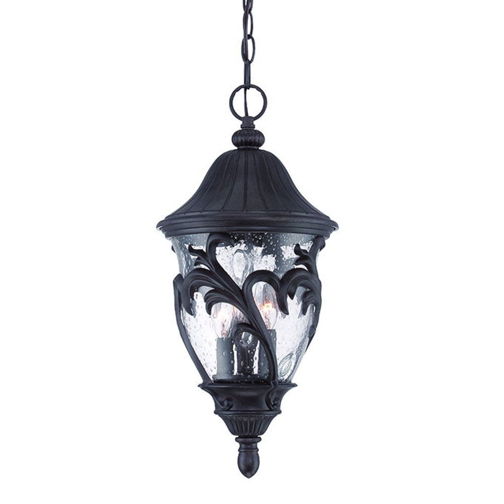 Three Light Matte Black Leaf Detail Hanging Light on a white background