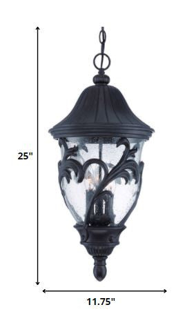 XL Three Light Matte Black Leaf Detail Hanging Light on a white background