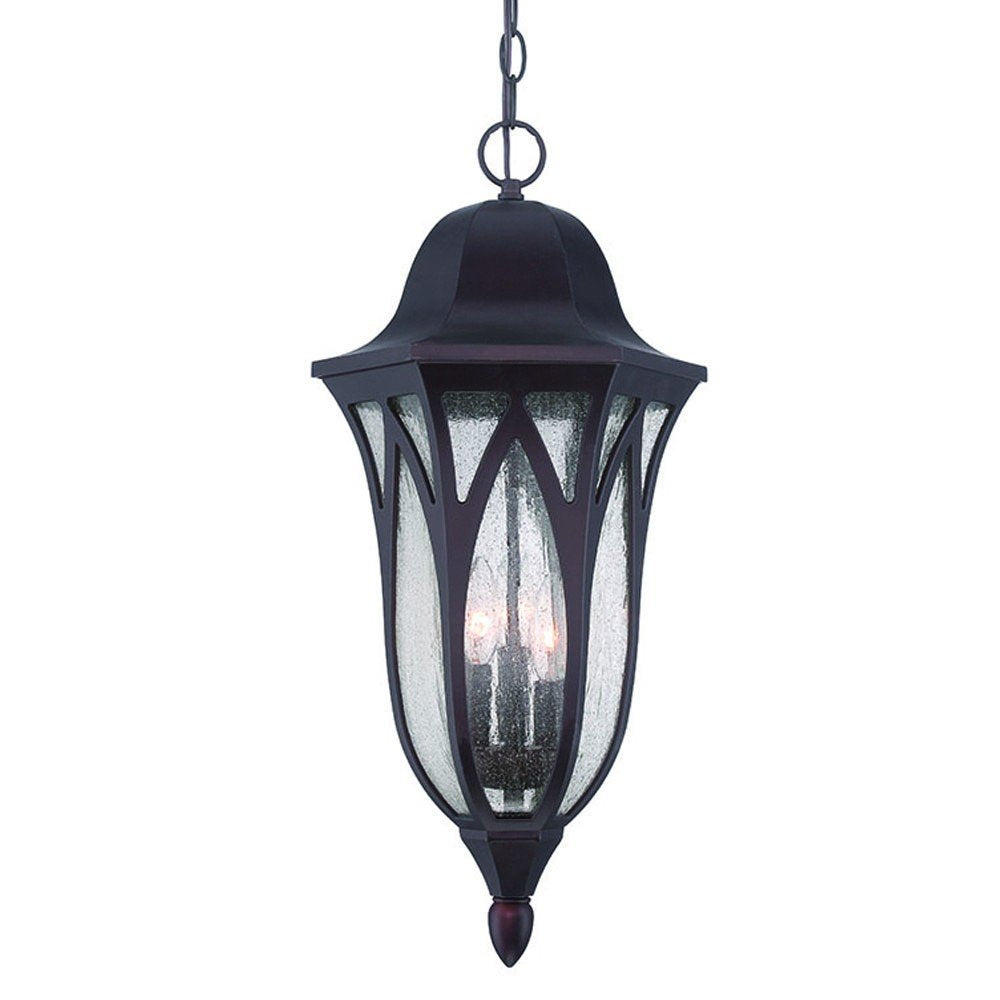 Dark bronze hanging lantern with seeded glass panels and three visible bulbs against a white background.