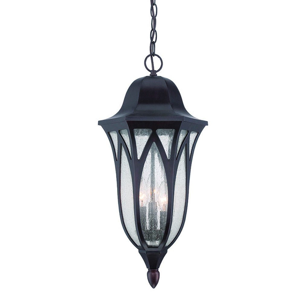 Antique bronze hanging lantern with geometric glass panels and three visible bulbs, on a white background.