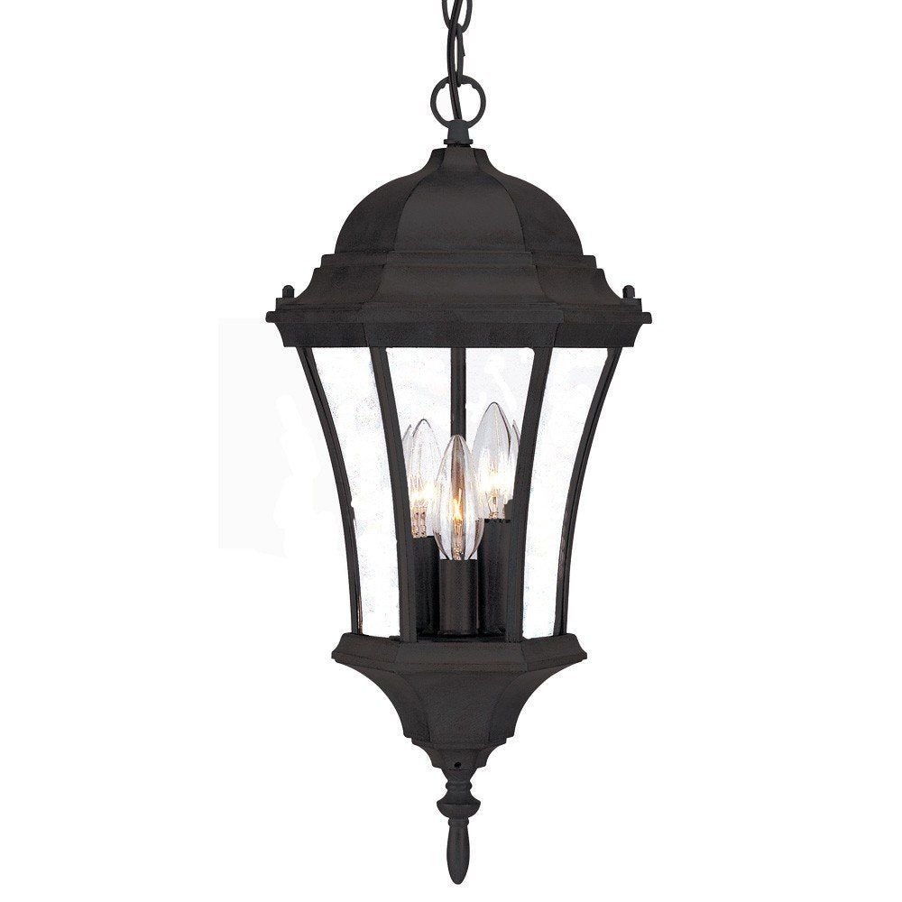 Black hanging lantern with three lights and clear glass panels, on a white background.