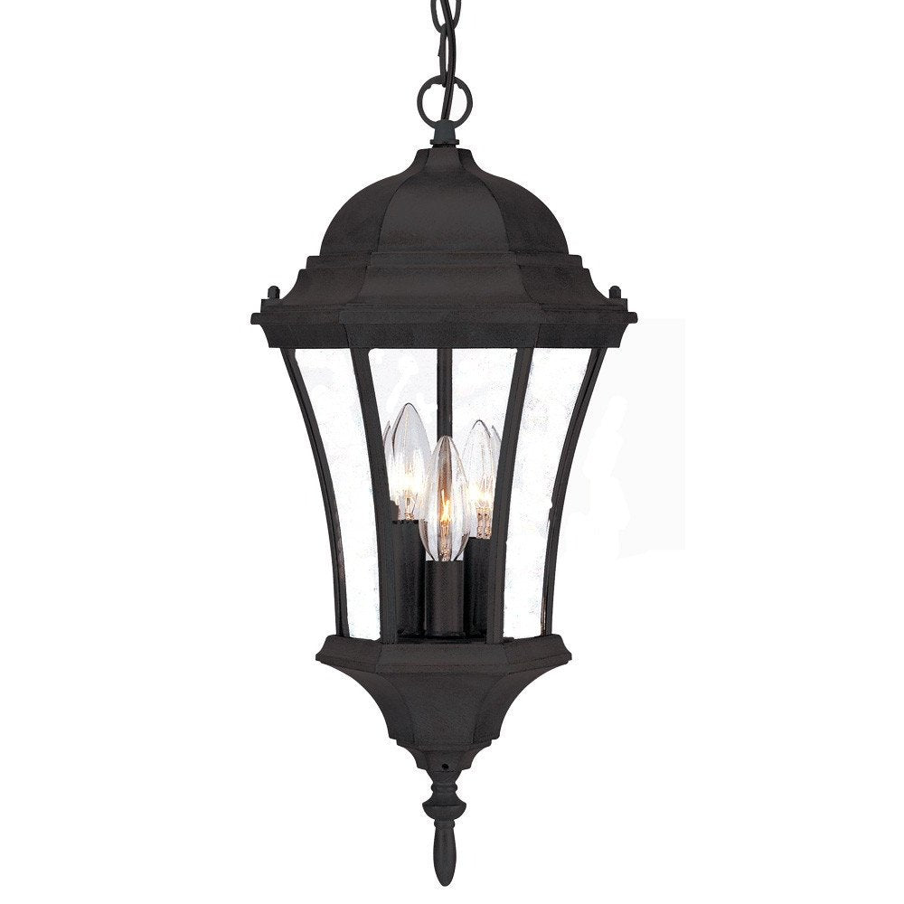 Three Light Matte Black Carousel Lantern Hanging Light on a white background