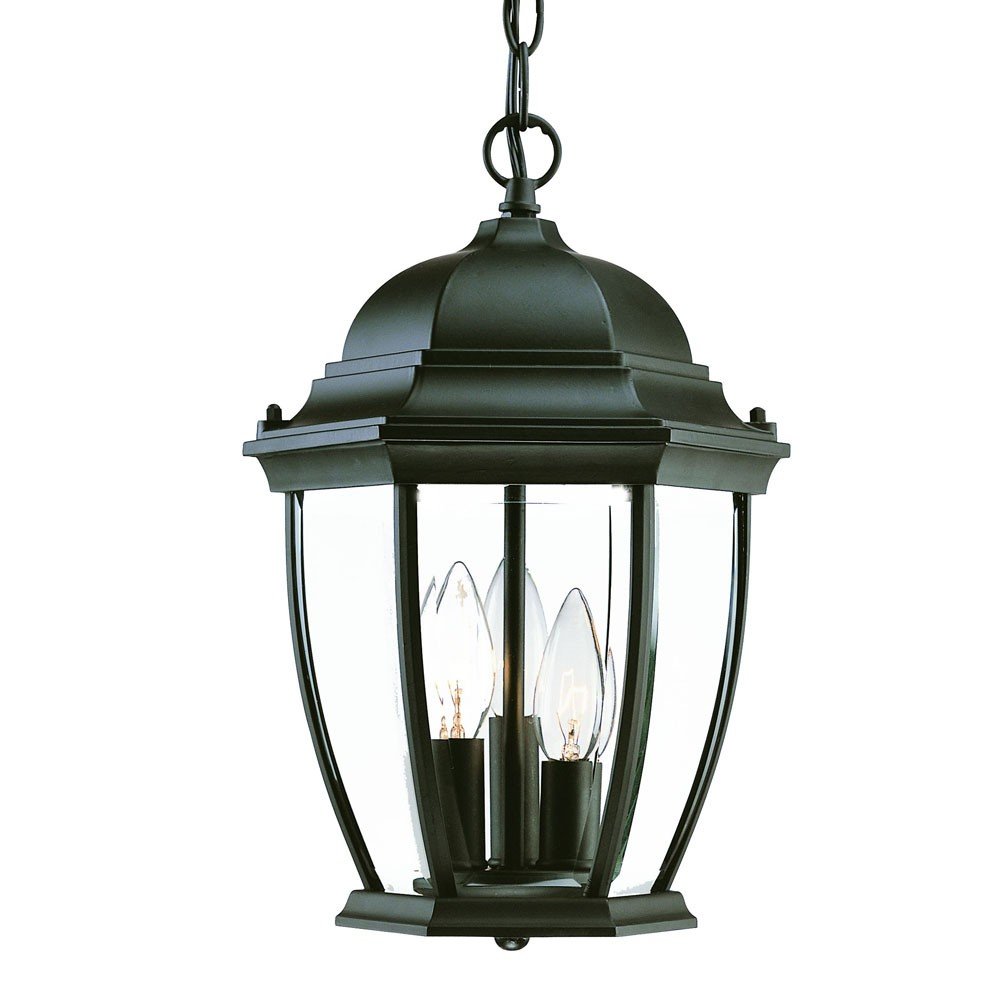 Matte black three-light hanging lantern with clear glass panels against a white background.