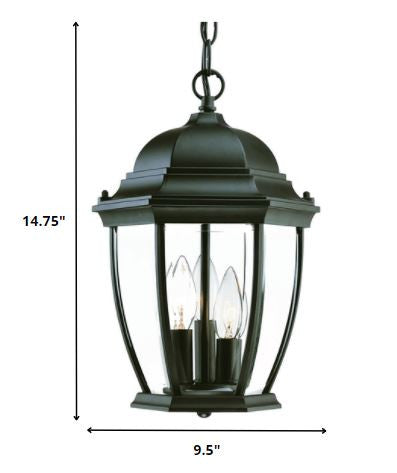 Three Light Matte Black Wide Lantern Hanging Light on a white background