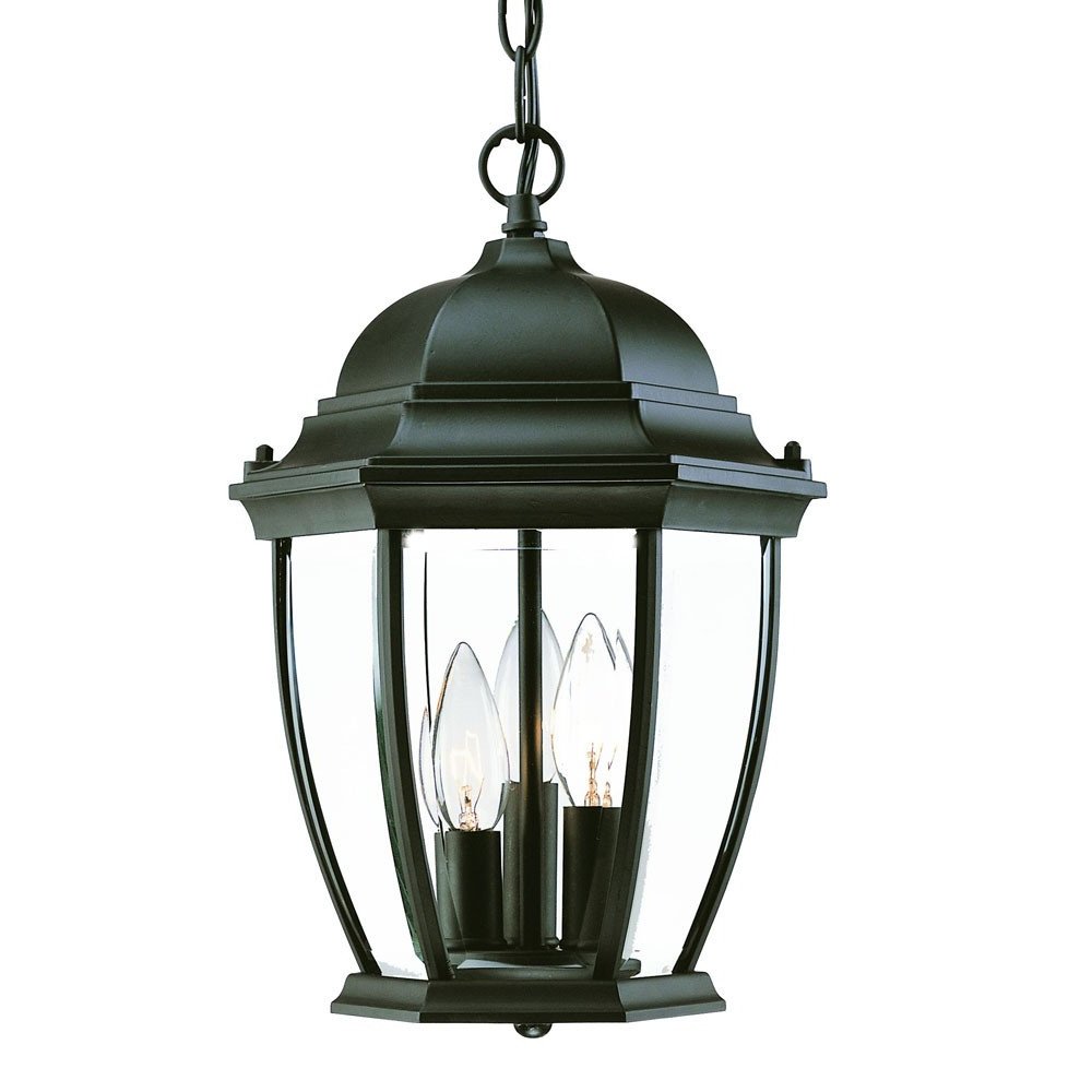 Three Light Matte Black Wide Lantern Hanging Light on a white background