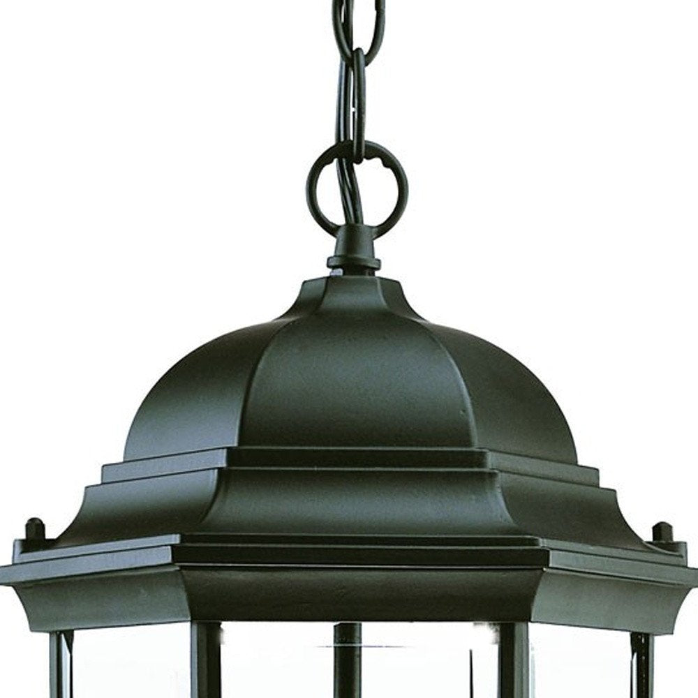 Three Light Matte Black Wide Lantern Hanging Light on a white background